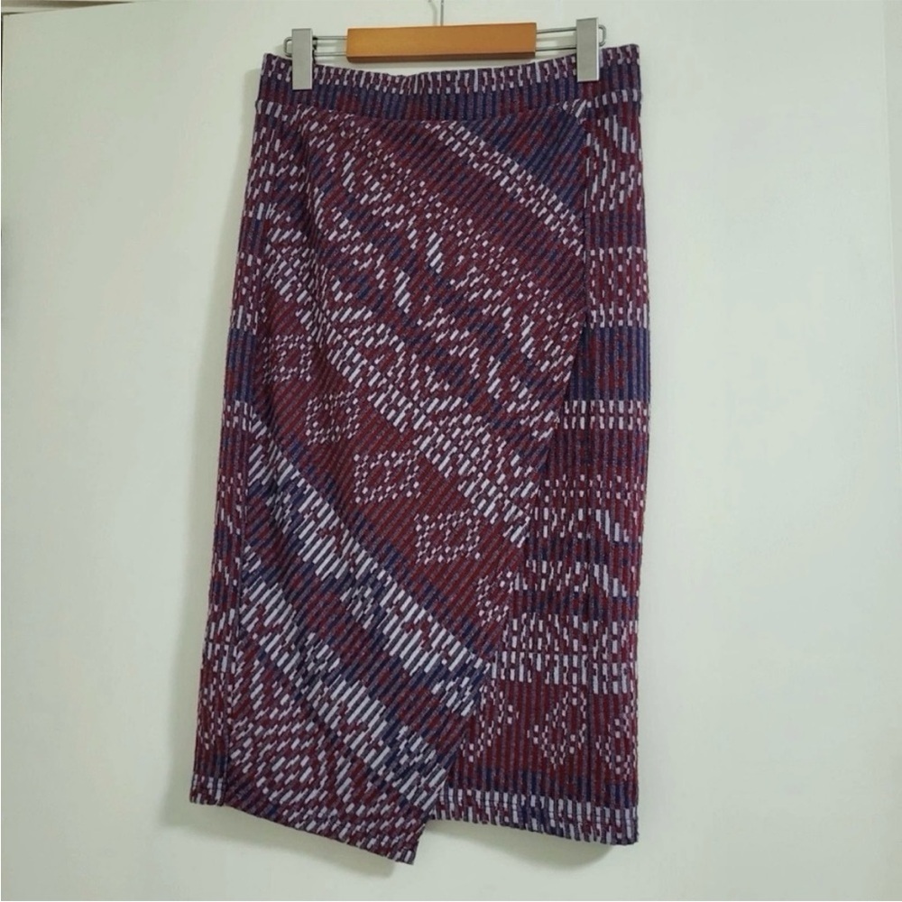 Maeve by Anthropologie Wrap Midi Skirt SMALL Red Purple Geometric Stretch